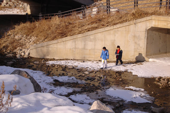 추운 날씨에도 근린공원 실개천에서 놀고 있는 아이들.