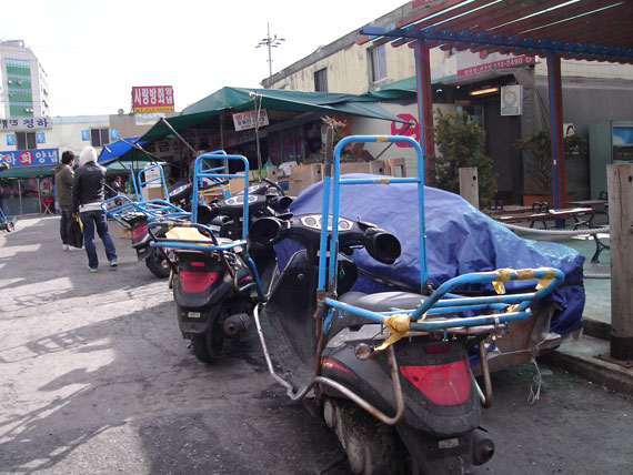 신속 정확 배달을 자랑하는 노량진 수산시장의 터줏대감인 오토바이들.